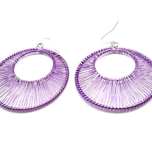 Purple Wrapped String Art Open Circle Drop Earrings - Picture 2 of 6